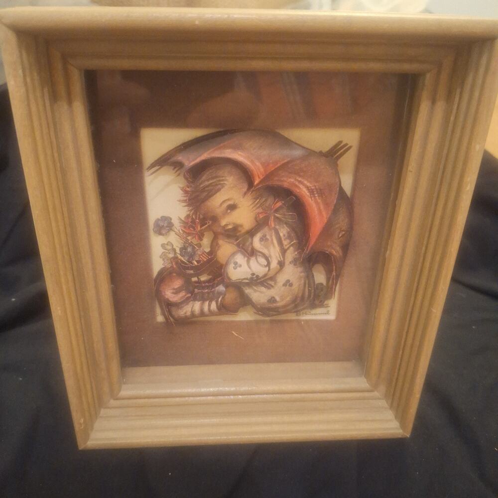Vintage 3D B. Hummel Shadowbox Framed Girl Under Umbrella Germany